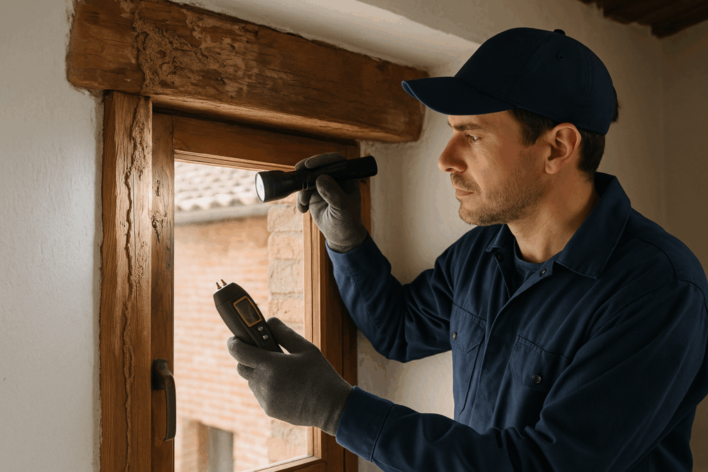 Inspecci?n profesional de termitas en una vivienda de Girona, con detalle realista de madera afectada y revisi?n t?cnica.