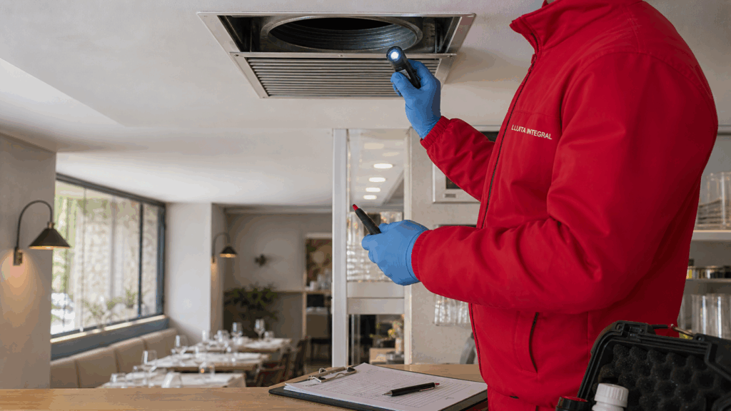 Técnico de Lluita Integral revisando un conducto de aire acondicionado antes del verano.
