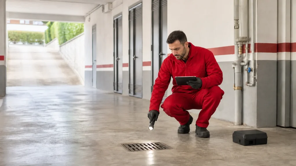 Técnico con mono rojo inspeccionando zonas comunes de una comunidad de vecinos en Girona para prevenir plagas