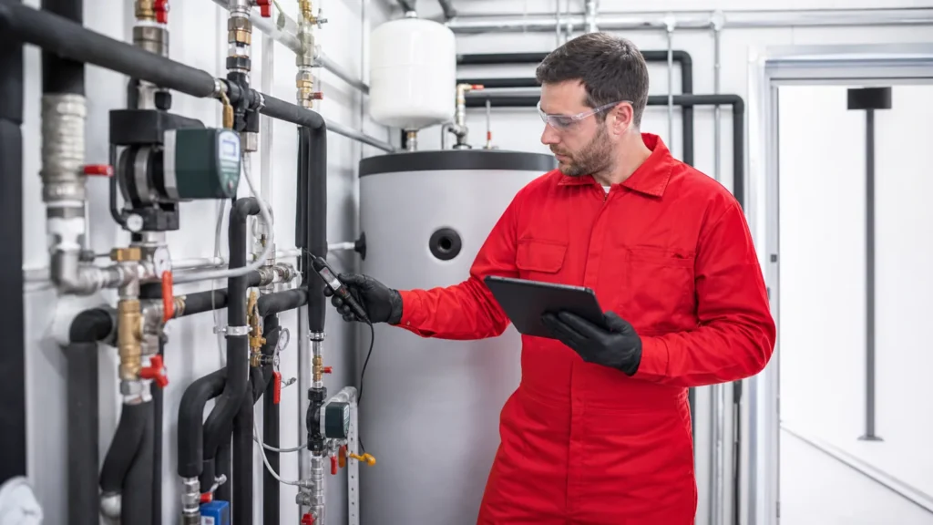 Técnico de Lluita Integral con mono rojo revisando una instalación de agua para el control preventivo de Legionella
