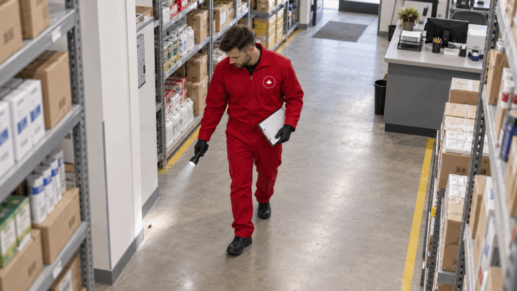 Técnico de Lluita Integral con uniforme rojo inspeccionando discretamente el almacén de un local comercial